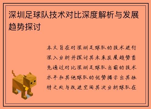 深圳足球队技术对比深度解析与发展趋势探讨