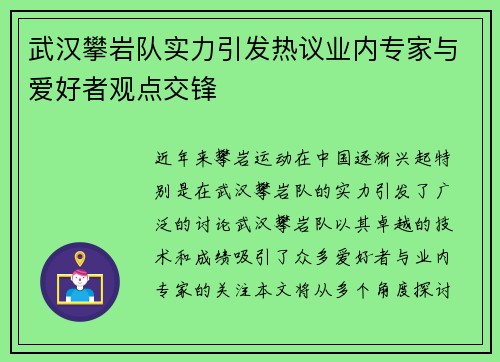 武汉攀岩队实力引发热议业内专家与爱好者观点交锋