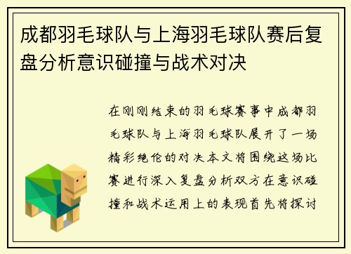 成都羽毛球队与上海羽毛球队赛后复盘分析意识碰撞与战术对决