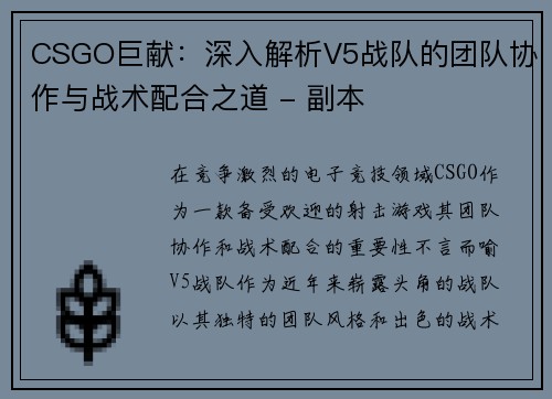CSGO巨献：深入解析V5战队的团队协作与战术配合之道 - 副本