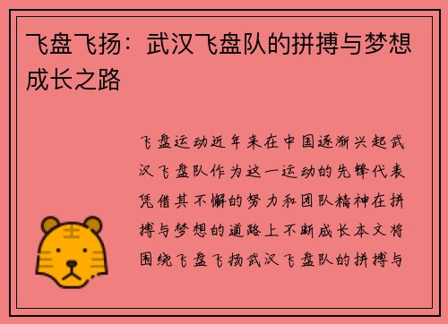 飞盘飞扬：武汉飞盘队的拼搏与梦想成长之路
