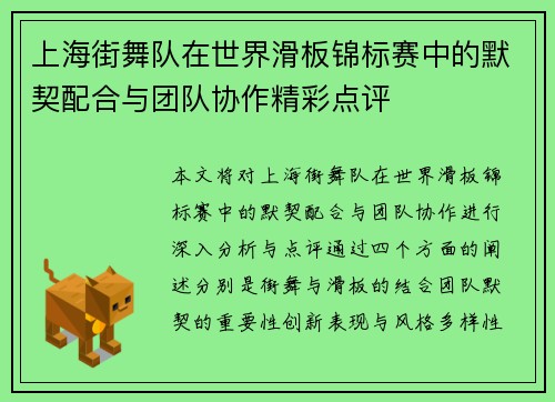 上海街舞队在世界滑板锦标赛中的默契配合与团队协作精彩点评