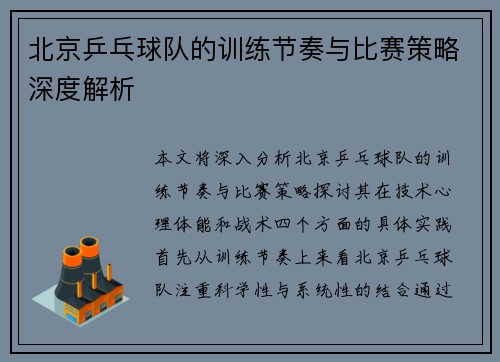 北京乒乓球队的训练节奏与比赛策略深度解析